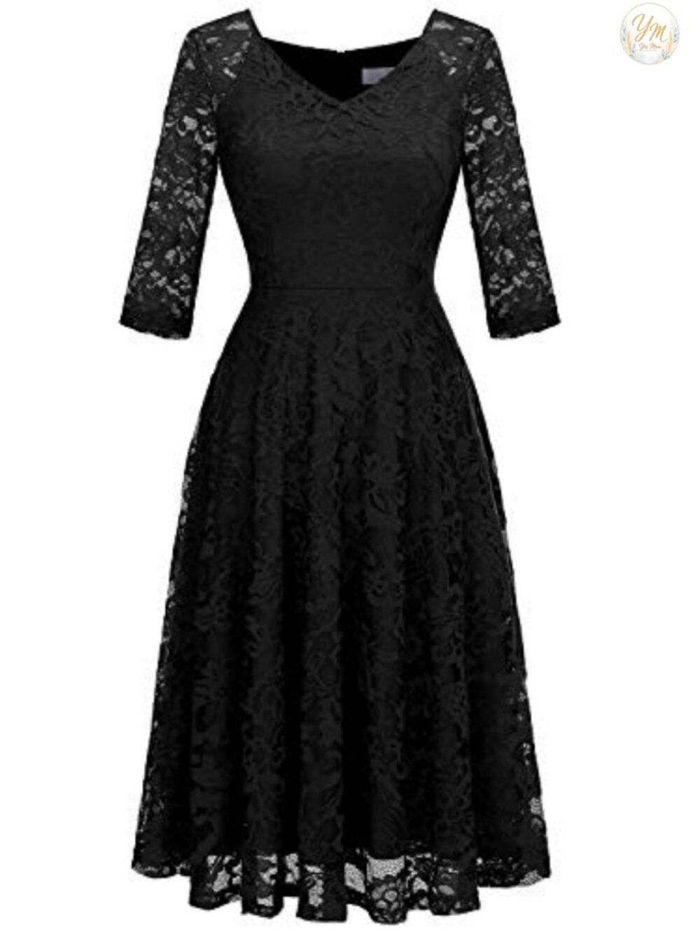 Lace A-Line Wedding Guest Dress with 3/4 Sleeves Midi Formal